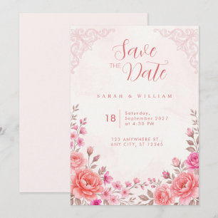Coral Pink Peonies Filigree Wedding Invitation