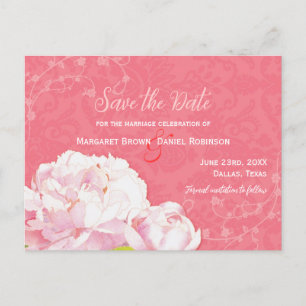 Coral Pink Peony Wedding Save the Date Announcement Postcard