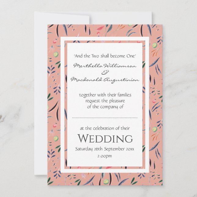 Coral Pink Personalised Floral WEDDING Invitation (Front)