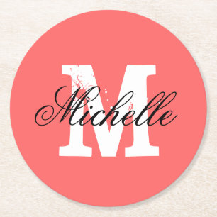 Coral pink personalised monogram paper coasters