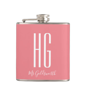 Coral Pink Personalised Name Monogram Hip Flask