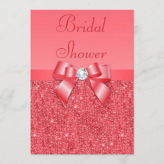 Coral Pink Printed Sequins & Diamond Bridal Shower Invitation