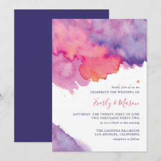 Coral Pink & Purple Abstract Watercolor Wedding Invitation