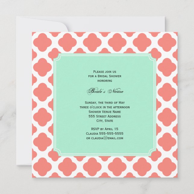 Coral Pink Quatrefoil and Mint Green Bridal Shower Invitation (Front)