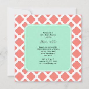Coral Pink Quatrefoil and Mint Green Bridal Shower Invitation