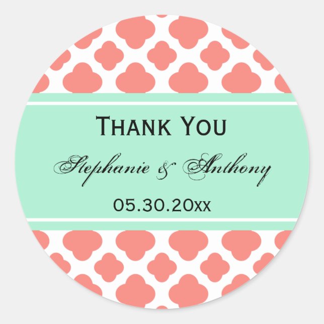 Coral Pink Quatrefoil and Mint Green Thank You Classic Round Sticker (Front)