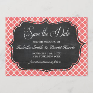 Coral Pink Quatrefoil & Chalkboard Save the Date