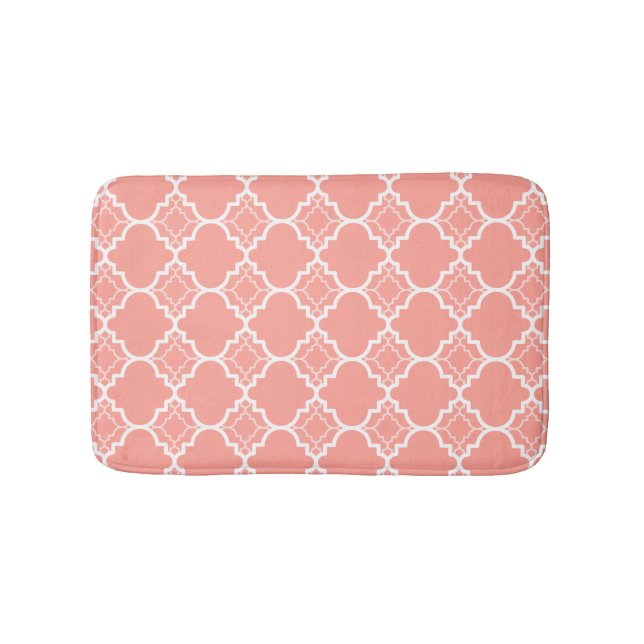 Coral Pink Quatrefoil Geometric Pattern Bath Mat (Front)
