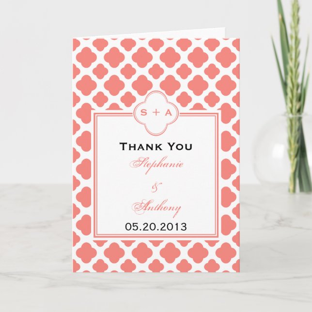 Coral Pink Quatrefoil Pattern Wedding Thank You (Front)