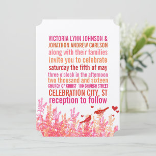 Coral Pink Red Floral Vintage Typography Love Bird Invitation