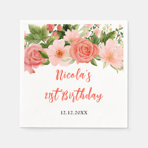 Coral Pink Red Roses Floral Birthday Napkin