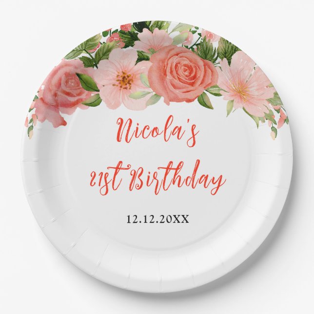 Coral Pink Red Roses Floral Birthday Paper Plate (Front)