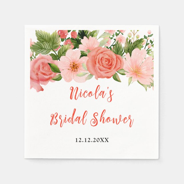 Coral Pink Red Roses Floral Bridal Shower Napkin (Front)