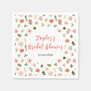 Coral Pink Red Roses Floral Bridal Shower Napkin