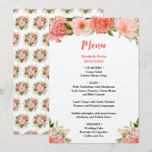 Coral Pink Red Roses Floral Wedding Menu