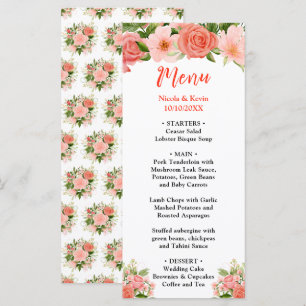 Coral Pink Red Roses Floral Wedding Menu