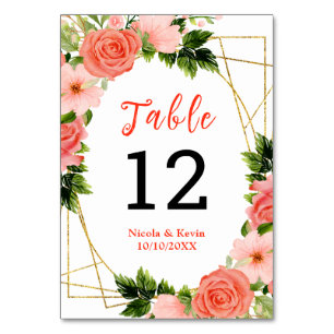 Coral Pink Red Roses Floral Wedding Table Number