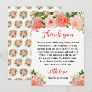 Coral Pink Red Roses Floral Wedding Thank You Card