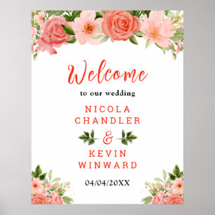 Coral Pink Red Roses Floral Wedding Welcome Sign