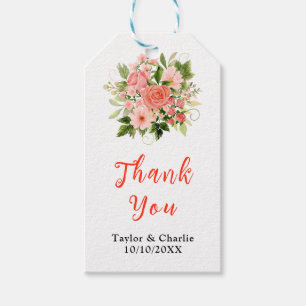 Coral Pink Red Roses Wedding Thank You Gift Tags
