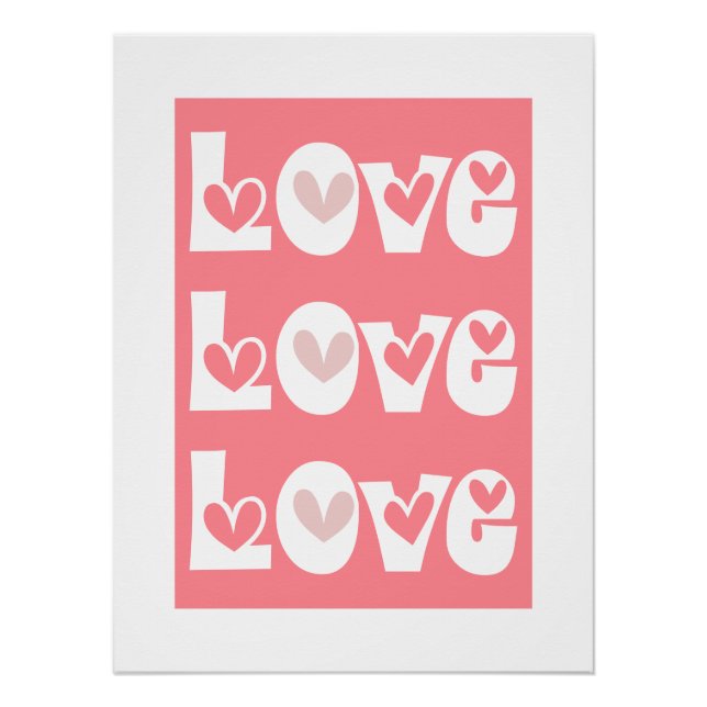 Coral pink retro LOVE typography with hearts Poster (Front)