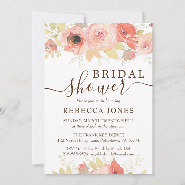 Coral Pink Rose and Gold Leaves Bridal Shower Invitation (Front)