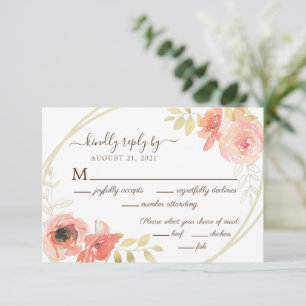 Coral Pink Rose and Gold Leaves Floral Wedding RSVP Card