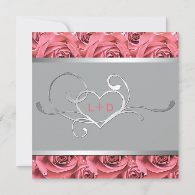 Coral Pink Rose and Grey Couples Shower Invitation (Front)
