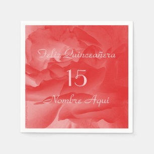 Coral Pink Rose, Feliz Quinceanera, Name Paper Napkin