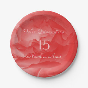 Coral Pink Rose, Quinceanera, Nombre Paper Plate