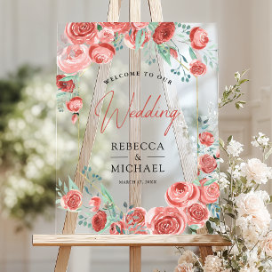Coral Pink Roses Floral Wedding Welcome Acrylic Sign