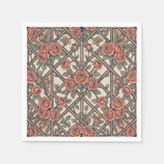 Coral Pink Roses Lattice Trellis Vintage Floral Napkin