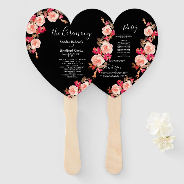 Coral Pink Roses on Black Wedding Ceremony Hand Fan (Front and Back)