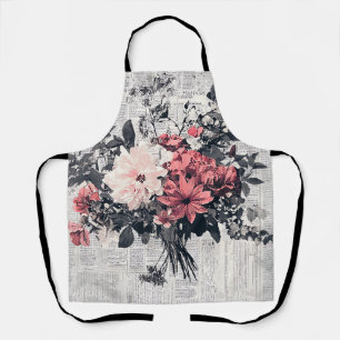 Coral Pink Roses Vintage Newspaper Botanical Art Apron
