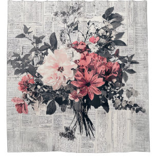 Coral Pink Roses Vintage Newspaper Botanical Art Shower Curtain