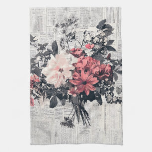 Coral Pink Roses Vintage Newspaper Botanical Art Tea Towel