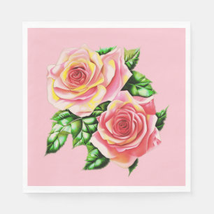 Coral Pink Roses with Jade Green Leaves Napkin