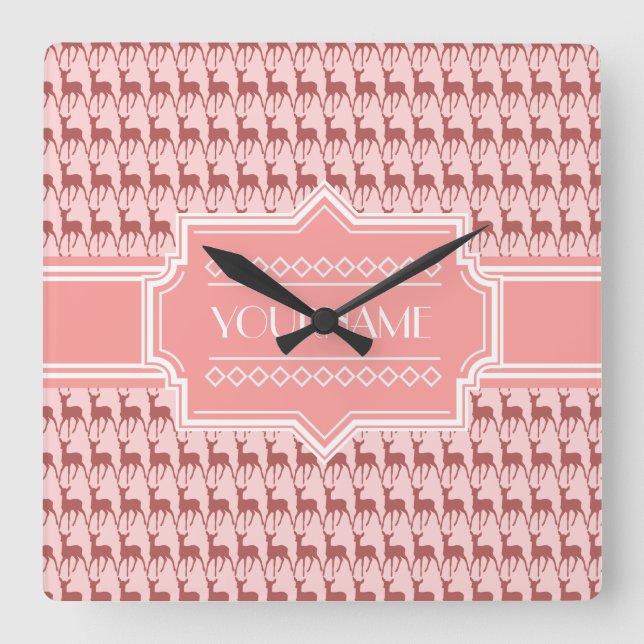 Coral Pink Salmon Dee Pattern Personalised Square Wall Clock (Front)