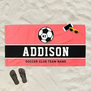 Coral Pink Soccer Player Custom Name Beach Towel