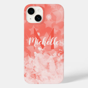 Coral pink Stars pattern Modern Chic Monogram Name Case-Mate iPhone 14 Case