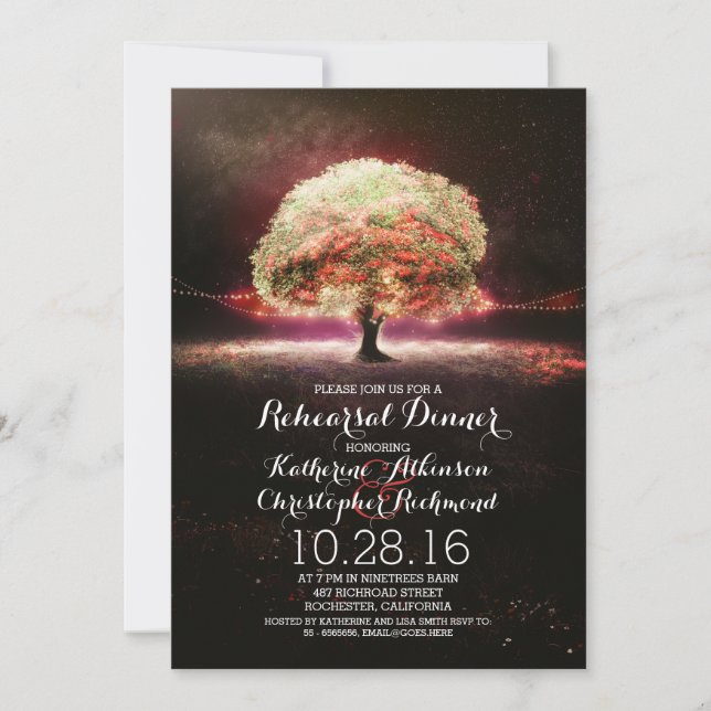 coral pink string lights tree rehearsal dinner invitation (Front)