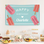 Coral & Pink Summer Popsicle Kids Birthday Banner<br><div class="desc">Designed to match our popsicle kids' birthday party invitations,  this cute personalised banner features pink and coral popsicles with the words "Happy Birthday [Name]" in the centre in retro lettering,  adorned with a heart.</div>