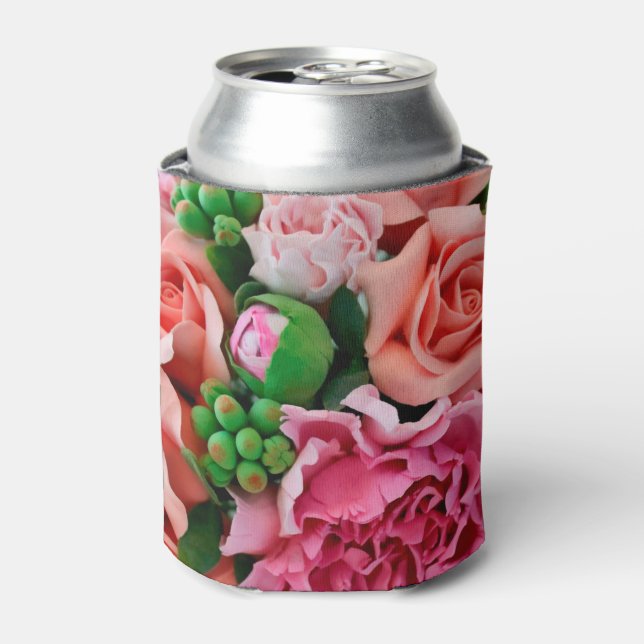 Coral & Pink Tea Rose Flowers Can Cooler (Can Front)