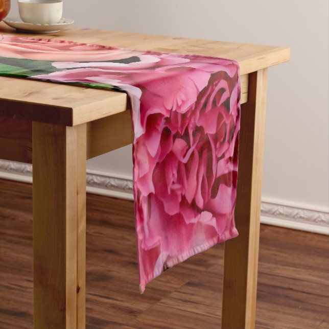 Coral & Pink Tea Rose Flowers Short Table Runner (In Situ)