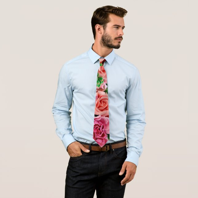 Coral & Pink Tea Rose Flowers Tie (In Situ)