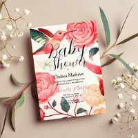 Coral pink teal hummingbird floral Baby Shower 