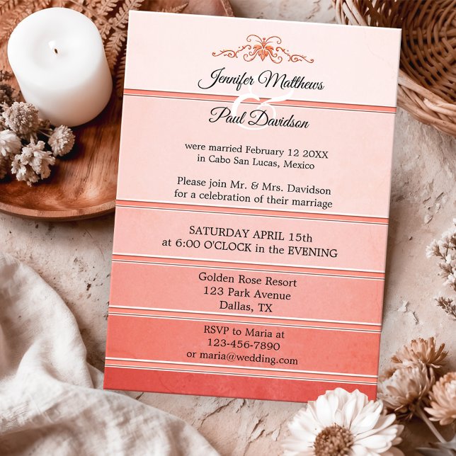 Coral Pink Tonne sur Tonne Striped Post Wedding Invitation (After wedding or post wedding invitation featuring a ton sur ton coral and pink striped design)