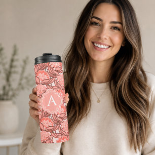 Coral Pink Tropical Floral Pattern with Monogram Thermal Tumbler