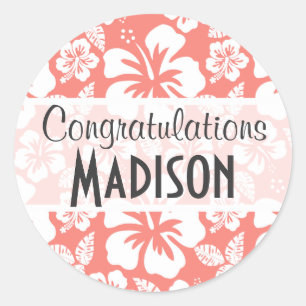 Coral Pink Tropical Hibiscus Classic Round Sticker