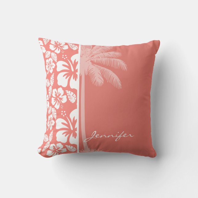 Coral Pink Tropical Hibiscus; Summer Palm Cushion (Front)